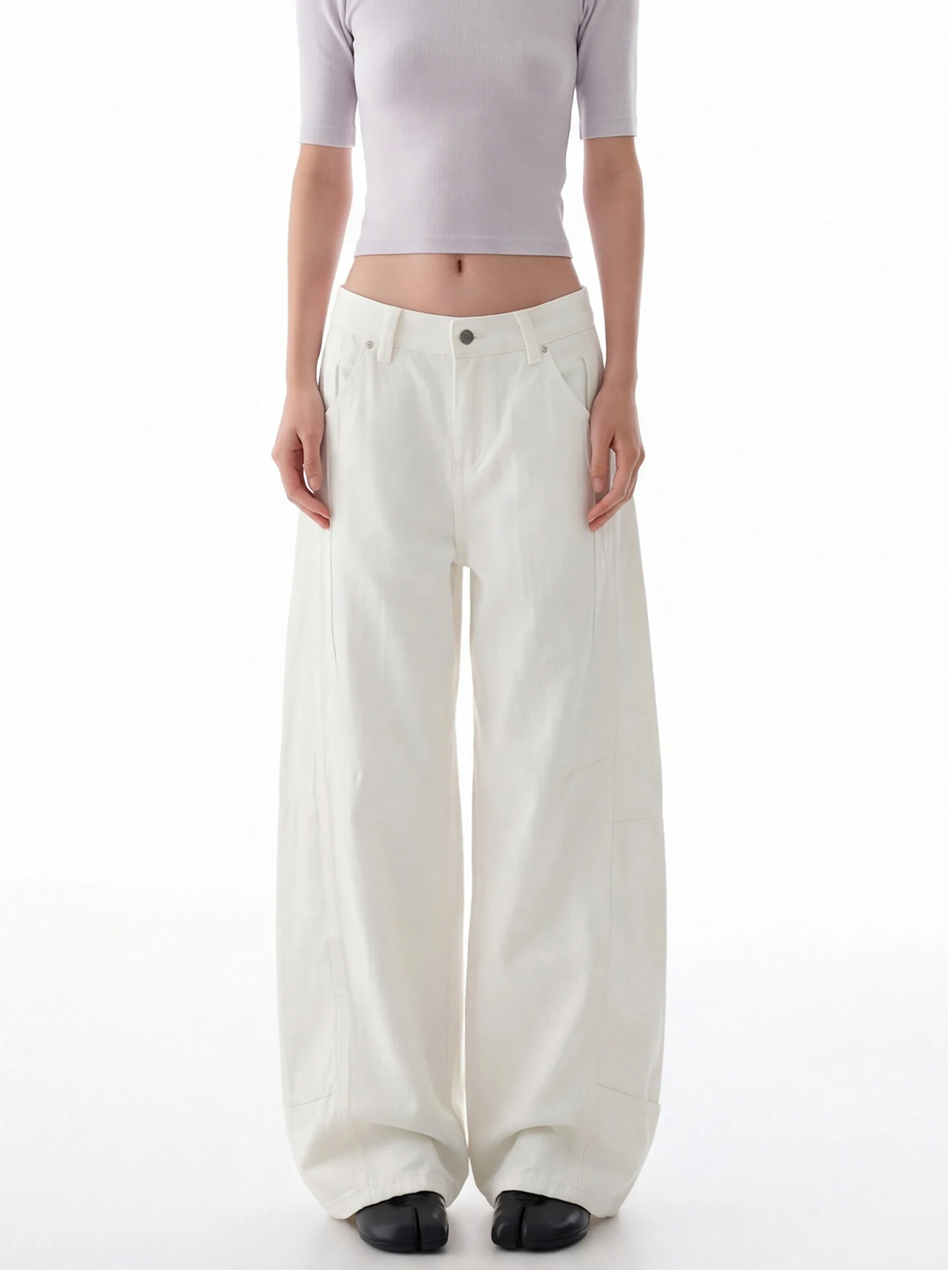 American Style Simple Match White Knife  Jeans Women Loose Wide Leg Straight Casual Long Pants Cotton Spandex Blend