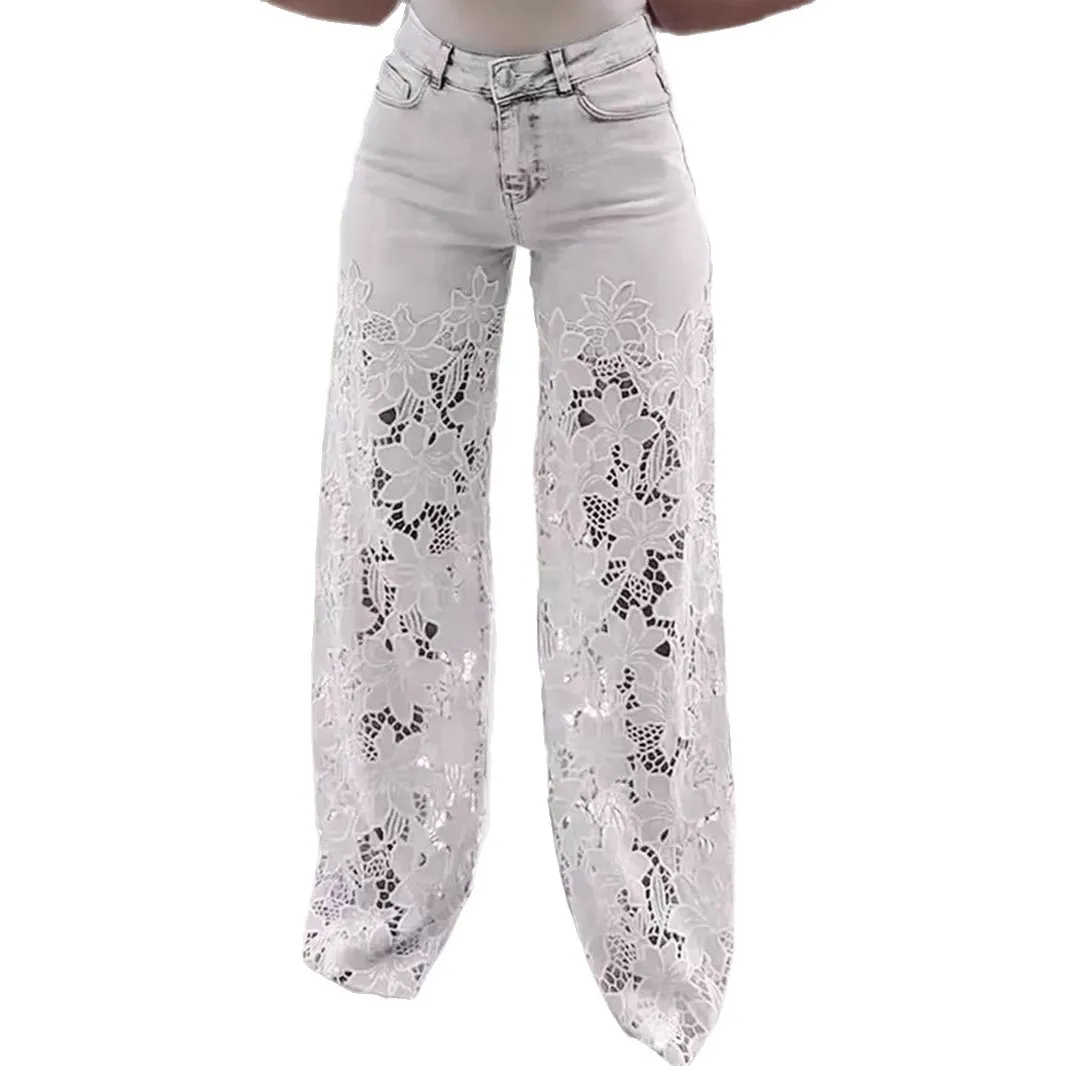 Long Wide Leg  jeans for woman Casual Solid Color High-Waist Wide-Leg Pants Female Straight Trousers Lace Hollow Straight Pants