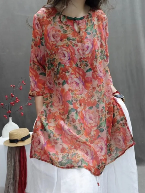 

Casual Floral Print Women's Shirt Summer New Loose Fit Lightweight Breathable Casual Versatile Mid-Length Button-Up Cotton Linen