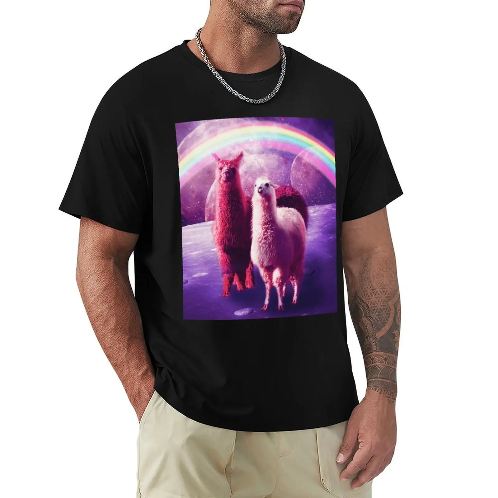 

Crazy Funny Rainbow Llama In Space T-Shirt Big Size Loose Fit Tee Shirt