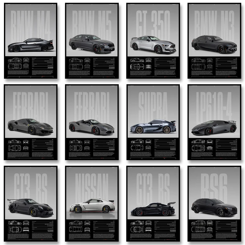 Black & White Famous Cars Posters Classic Car Photography Print Man Cave Canvas Painting Wall Art Pictures for Home Decoration