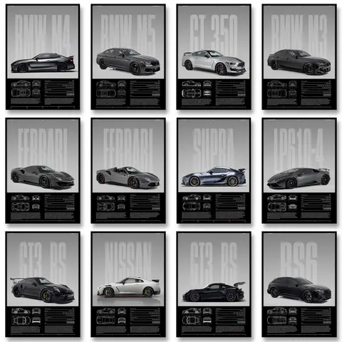 Black & White Famous Cars Posters Classic Car Photography Print Man Cave Canvas Painting Wall Art Pictures for Home Decoration