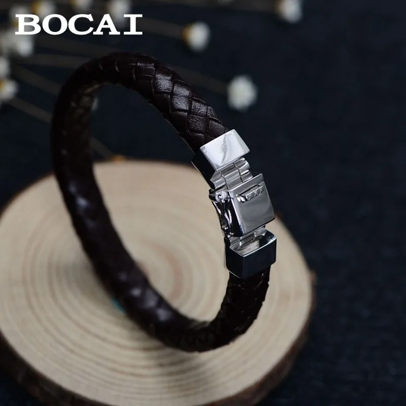 BOCAI S925 Silver Fashionable Personalized Cowhide Woven Genuine Leather Bracelet For Men Jewelry New Style