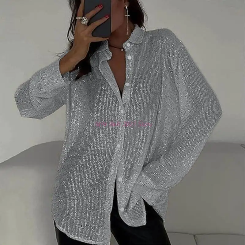 49ME Womens Sequins Long Sleeve Collared Shirts Button Down Open Front Shirt Loose Blouses Glitter Button Down Shirt