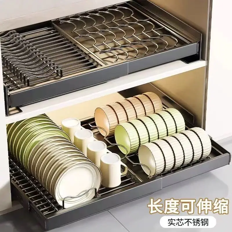 pull-out dish and dish storage rack, kitchen drawer-style telescopic basket, cabinet for placing dishes, and draining shelves