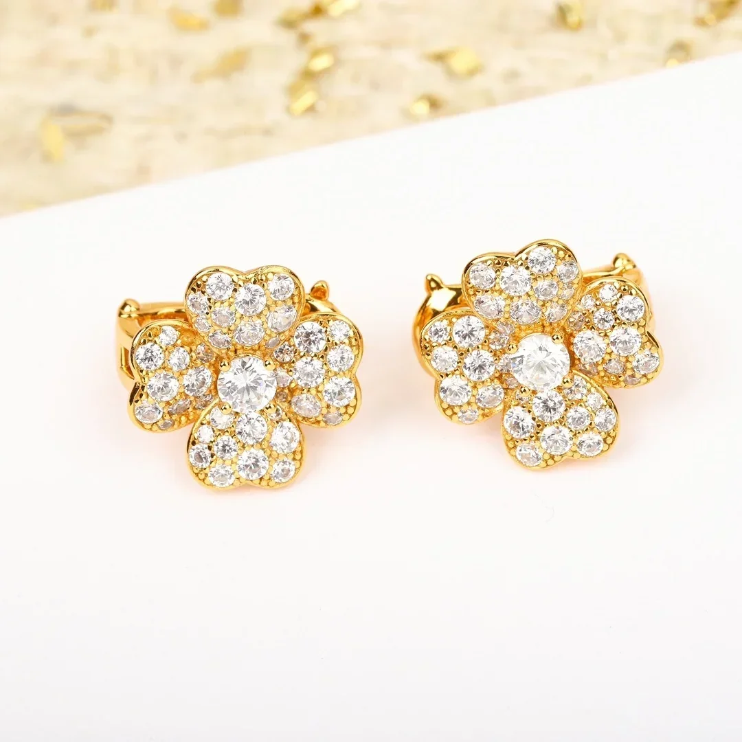 Fine Brand Rose Gold Flower Earrings Women Luxury Designer Top Quality Clover Jewelry Wedding Trend