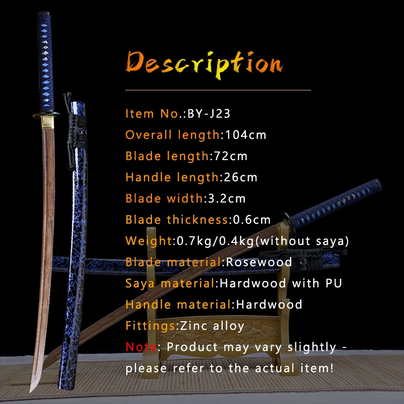 Japanese Style Wooden Katana with Rosewood Blade Full Tang Handmade Sword for Training Cosplay And Collection Non-Sharp