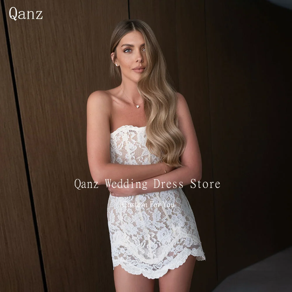

Qanz Sexy Mini Wedding Party Dresses Strapless Lace Appliques Bridal Gowns Short Transparent Vestido De Novia Boda Customized