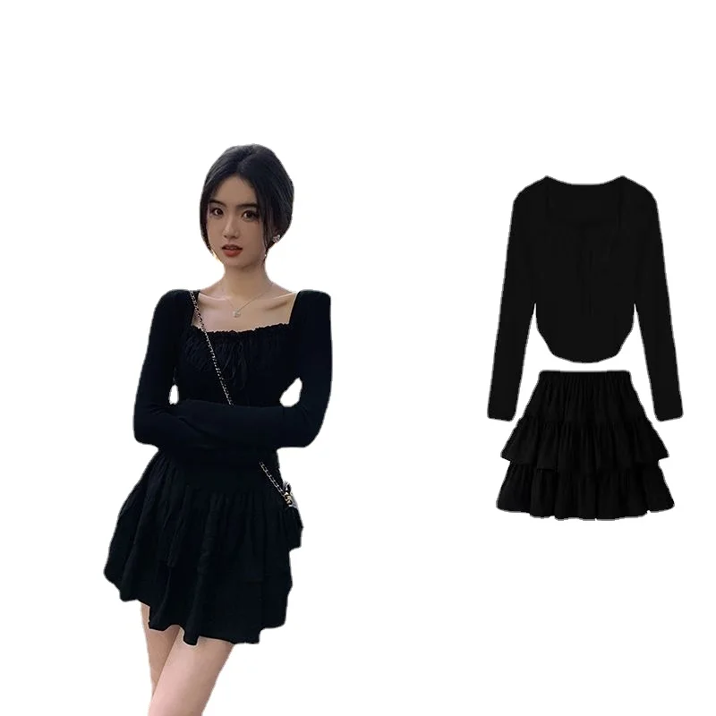 

2023 Black Suit Skirt Female Spring New Tea System To Wear A Gentle Top Half Skirt Two-piece Tide Y2K Korean Fashion