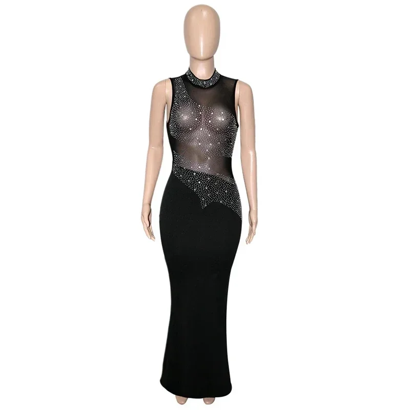 Sheer Mesh Patchwork Rhinestones Long Maxi Dress Women Sleeveless Turtleneck Floor Length Sexy Transparent Evening Dress