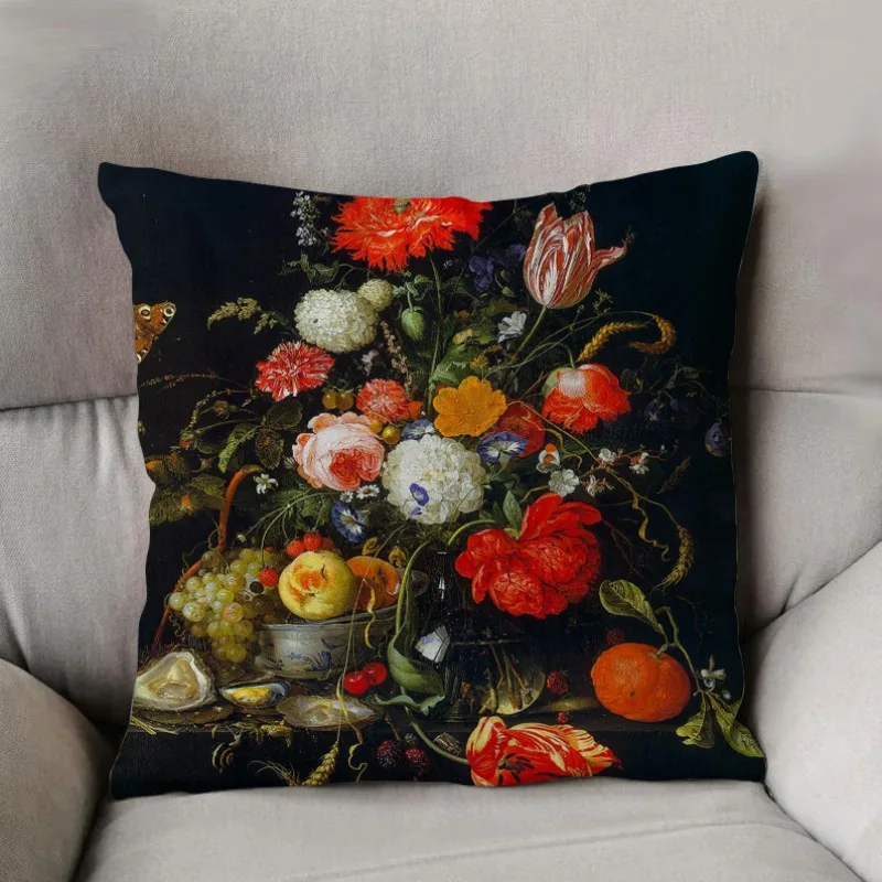 Black Floral Print Decorative Cushion Cover Nordic Style Retro Home Decor Living Room Sofa Throw Pillow Cover 45x45 Funda Cojin