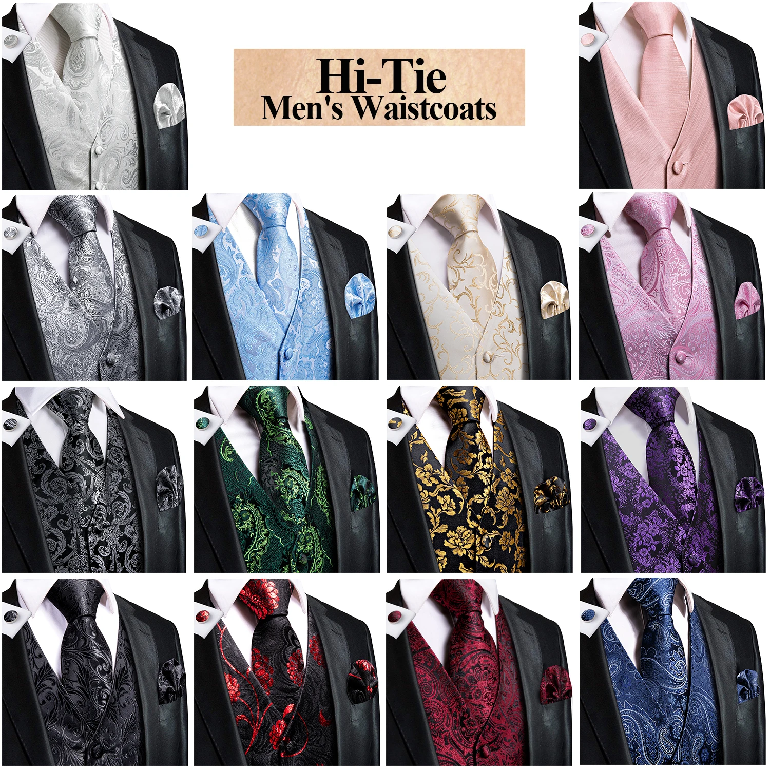 Herrenwesten Jacquard-Weste Krawatte Einstecktuch Manschettenknöpfe Brosche Set für Herren Anzug Ärmellose Jacke Hochzeit Geschäft Party – Detail 2