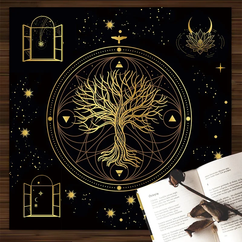 Home Decor Tree of Life Divination Tablecloth Decoration Boho Stain Resistant Waterproof  Tapestry Wizard Cat