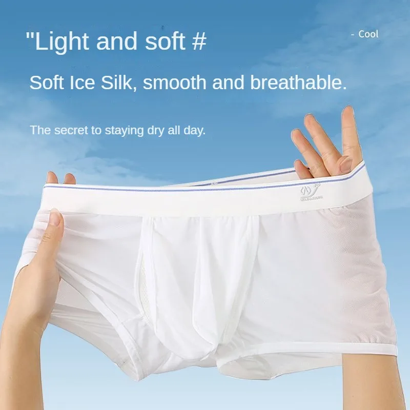 Summer Men Ice Silk Underwear Thin Boxer Hollow Out Penis Pouch Open Hole Sexy Soft Underpant Lingerie Prolong Sex Time Improve