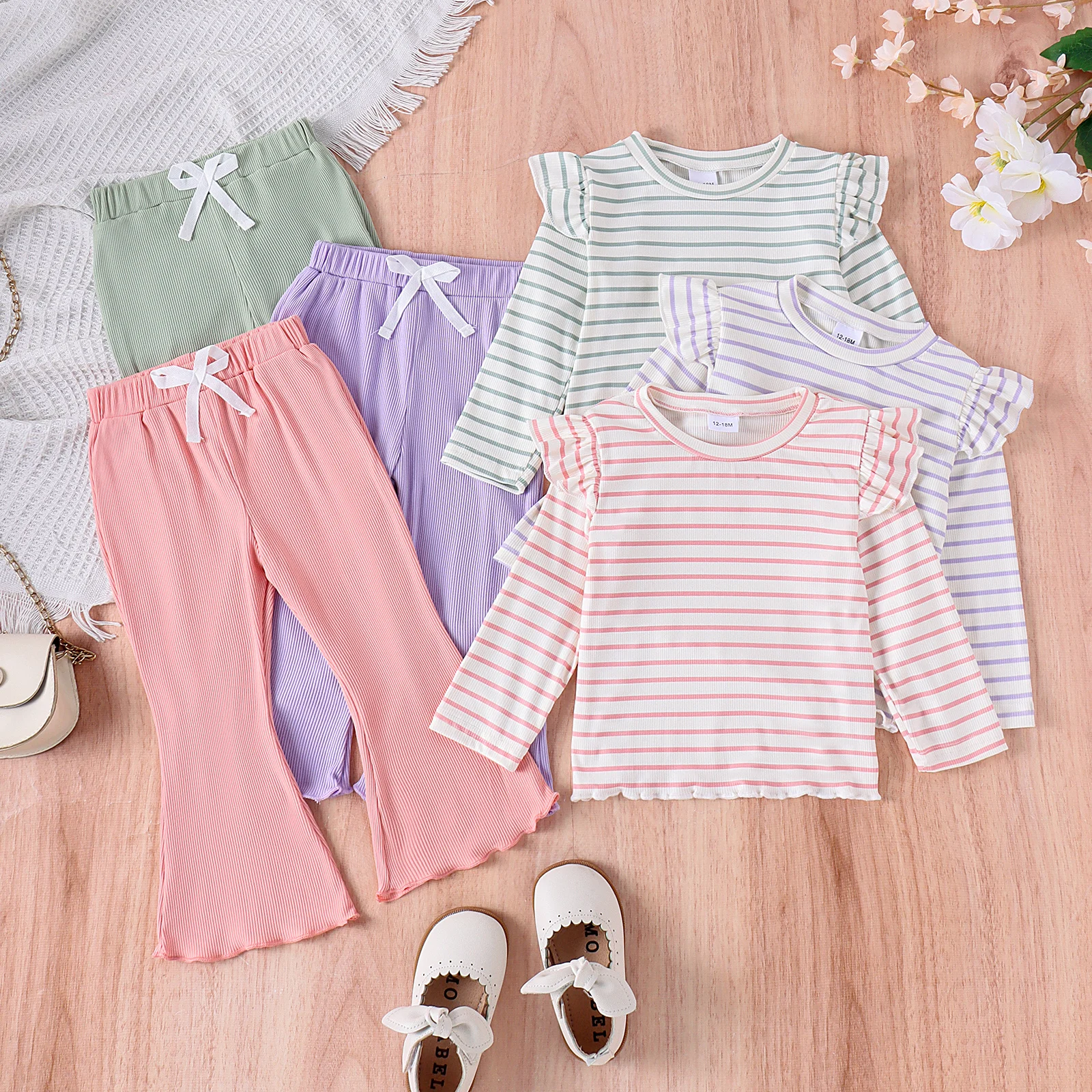 2PCS Summer Baby Girls 0-5 Years Old Soft And Comfortable Two-Color Striped Short-Sleeved Top Plain Shorts Casual Suit