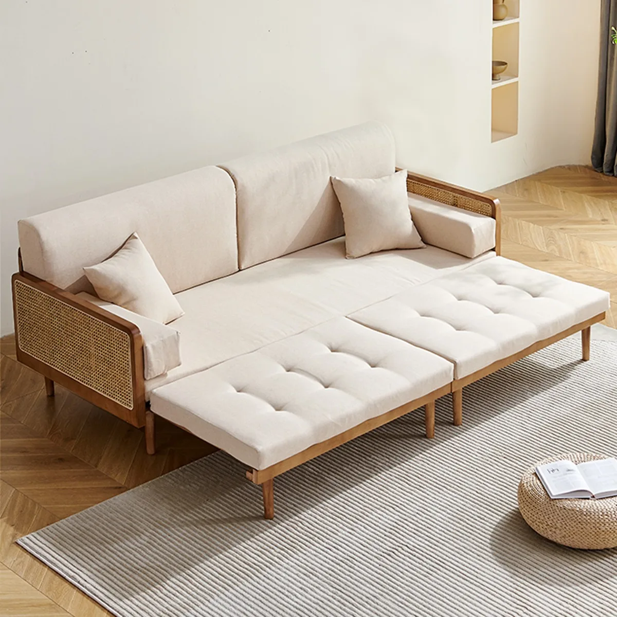 

New Chinese rattan sofa household multi-functional telescopic push-pull solid wood concubine sofa bed small apartment B & B hote