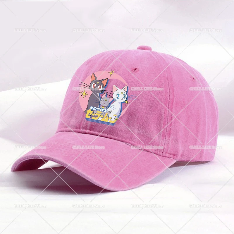 Sailors Moon Washed Girl Baseball Cap Luna Artemis Cute Cat Women Hip Hop Peak Caps Travel Ponytail Hat Outdoor Sport Sunhat - view 2