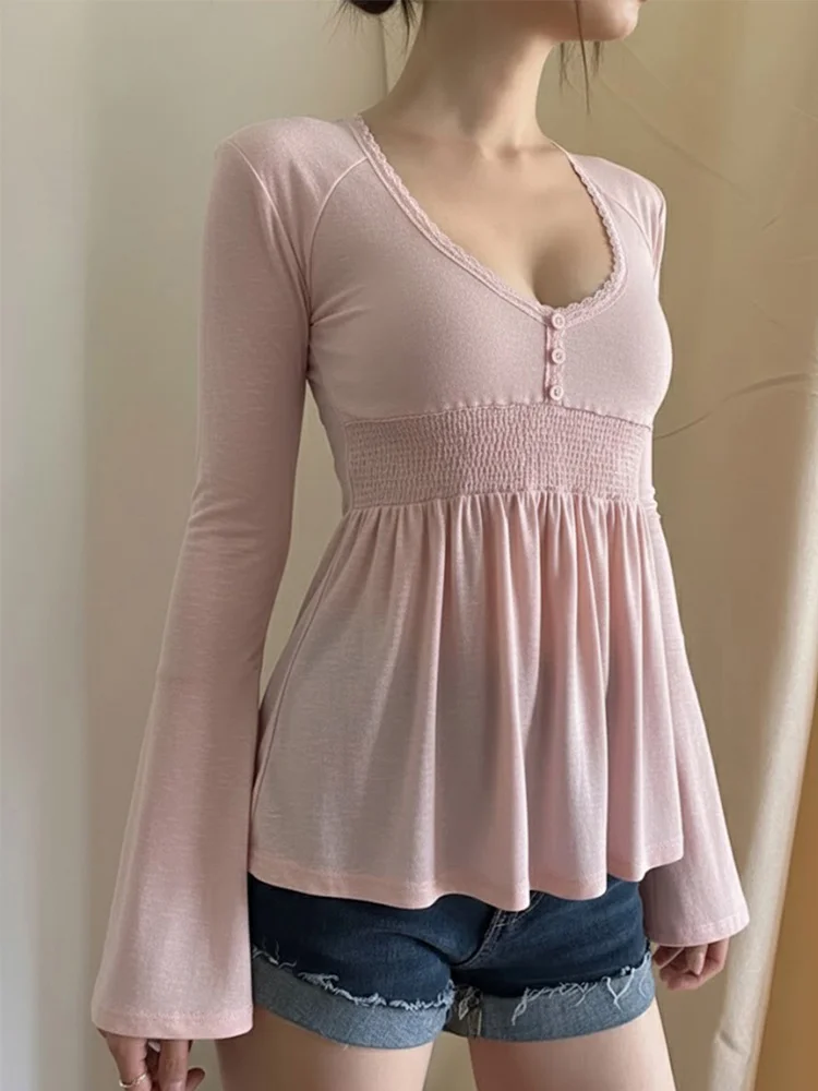 Autumn Women Sweet Coquette Daily Date Lace‑Trim Henley V‑Neck Shirred Waist Peplum Flare Long Sleeve T‑Shirt
