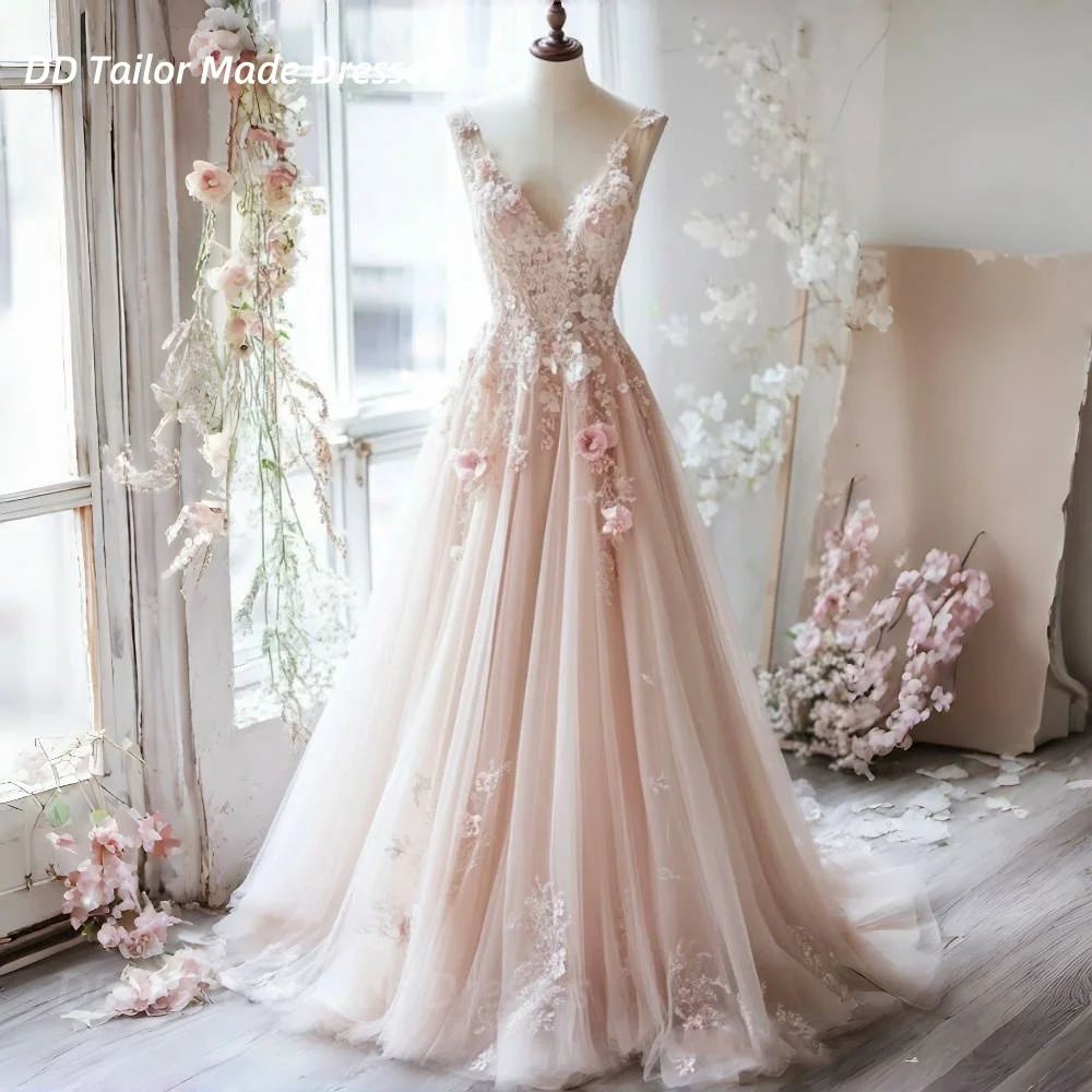 Romantisches errötendes rosa Hochzeitskleid 3D-Blumenapplikationen A-Linie langes Tüll-Brautkleid Garten Boho Vestidos De Novia Maßgeschneidert