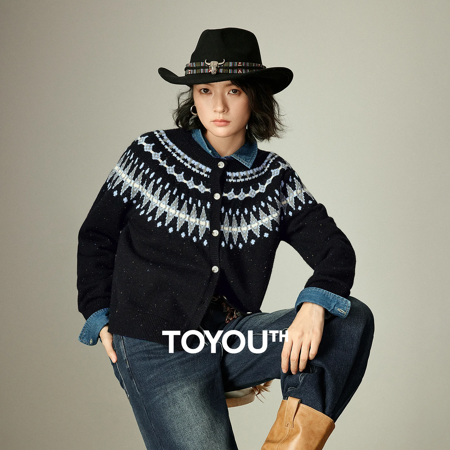 

TOYOUTH женский трикотаж, новинка зимы 2021, крапчатый жаккардовый кардиган в скандинавском стиле Fair Isle с круглым вырезом, верхняя одежда в стиле ретро ​