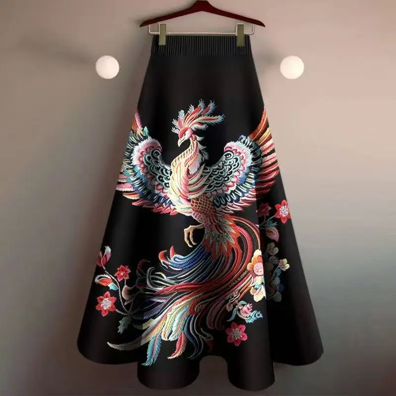 2025 Women's Phoenix Printing Skirt Traditional Chinese Style High Waist Large Hem Half Dress Vintage Over Knee Hanfu Skirts