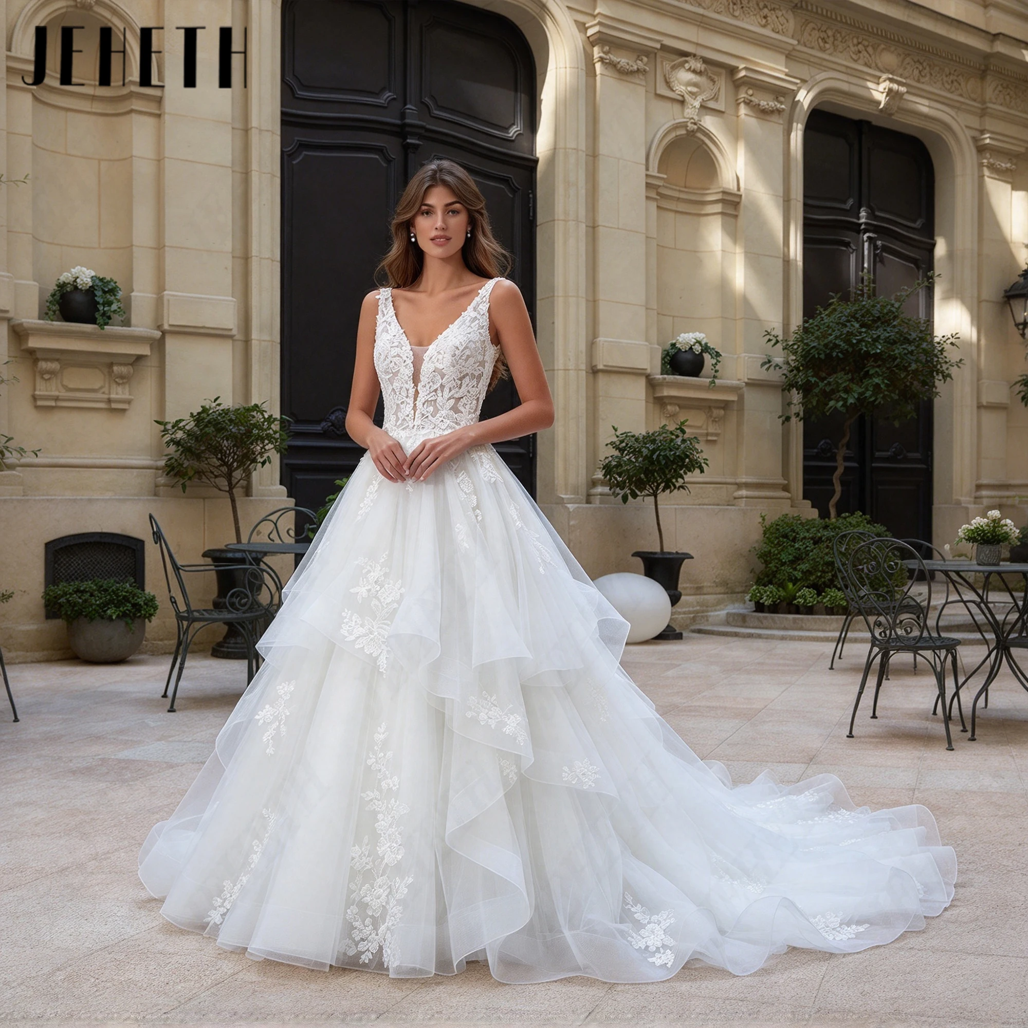 JEHETH Illusion V Neck Spaghetti Straps Wedding Dress Sleeveless Open Back Court Train Bridal Dresses Custom Made Tulle Bride
