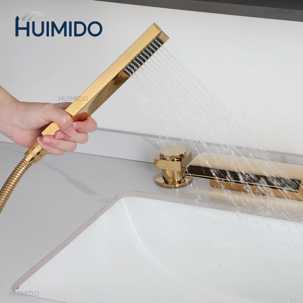 Roman Tub Filler LED Waterfall Tub Faucet Gold Deck Mount Bathtub Faucets Brass Bathroom Faucets with Handheld Shower