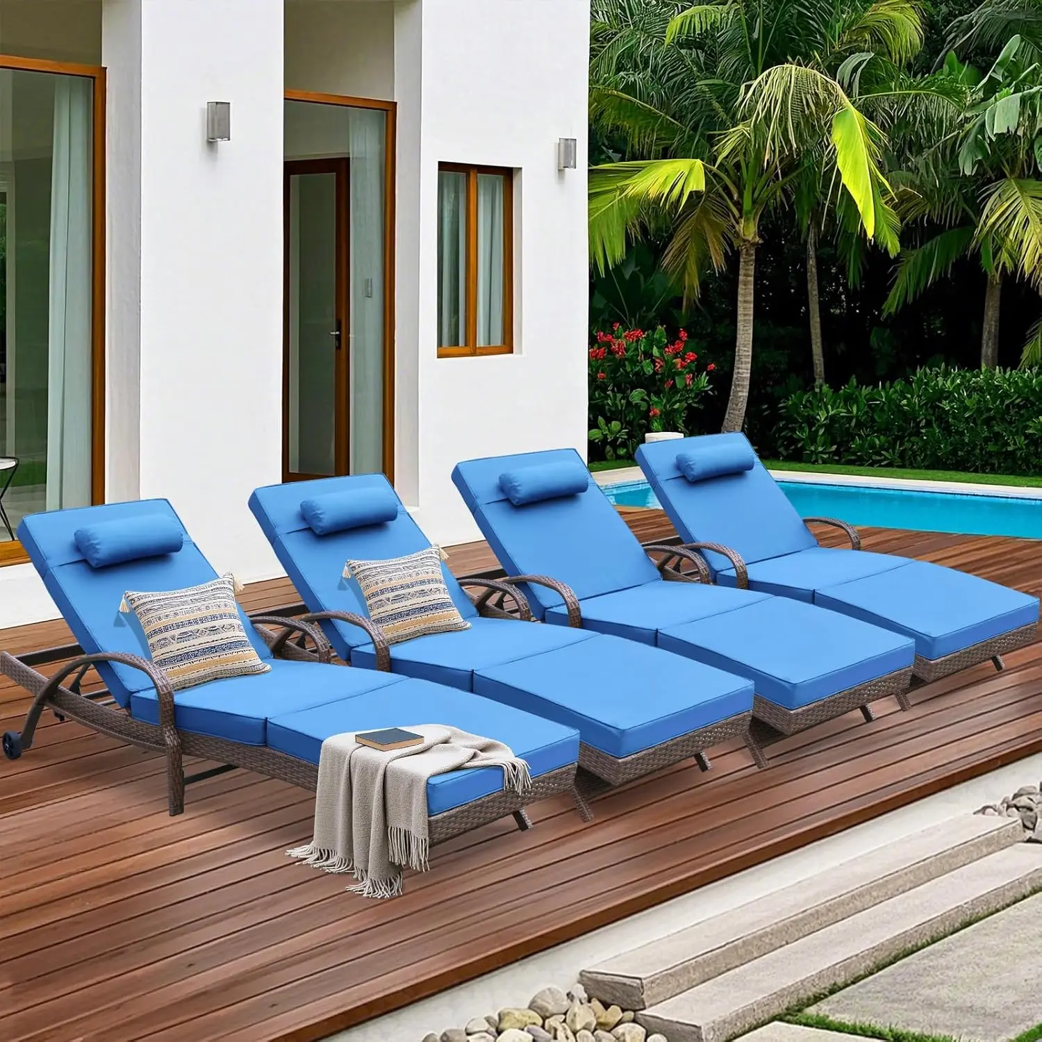 

Outdoor Lounge Chairs Set of 4 Beach Wicker Chaise Lounge, Adjustable Backrest for Outside Pool Sun Shelf Tanning Bathing (Blue)