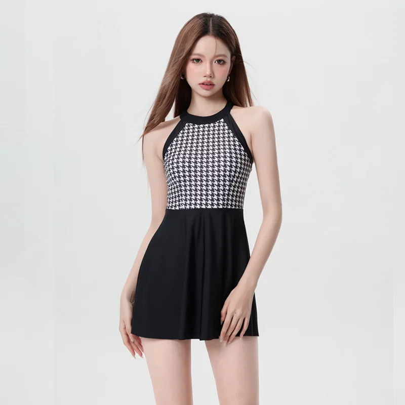 2024 New Retro Thousand Bird Checker Spliced Sexy Slim Fit Conservative Girl Dress Resort Swimsuit