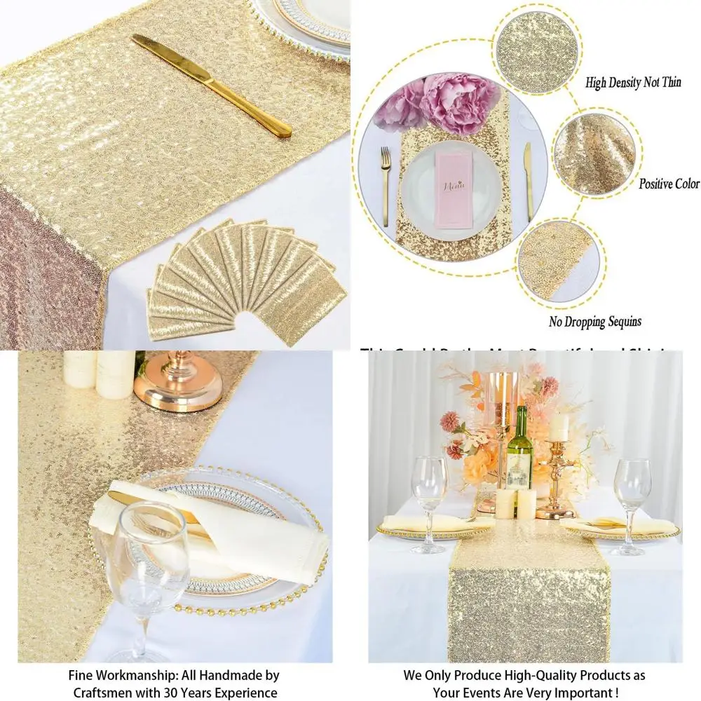 

Light Gold Sequin Table Runners, 10 Packs, 12 Pieces Each, 108 Long for Outdoor Thanksgiving, Kitchen, Party, Wedding Dining