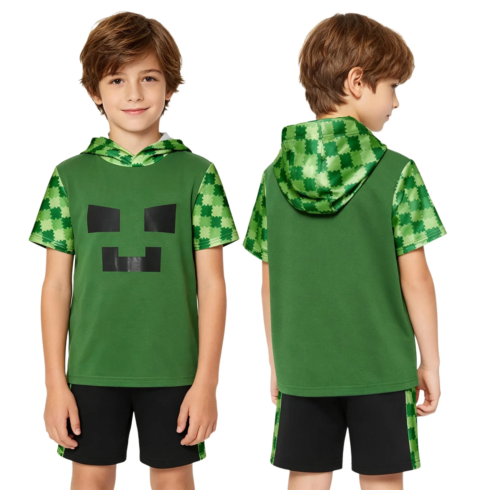 

Kids Role Play Costume Set Plaid Pattern Hoodie Top Short Sleeve with Elastic Waistband Shorts for Game Anime Halloween Activity