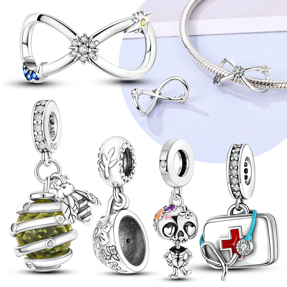 925 Sterling Silver Infinity Charms Beads Fit Bracelet Women DIY Jewelry Making Original Certified Bee Skeleton Nurse Medical