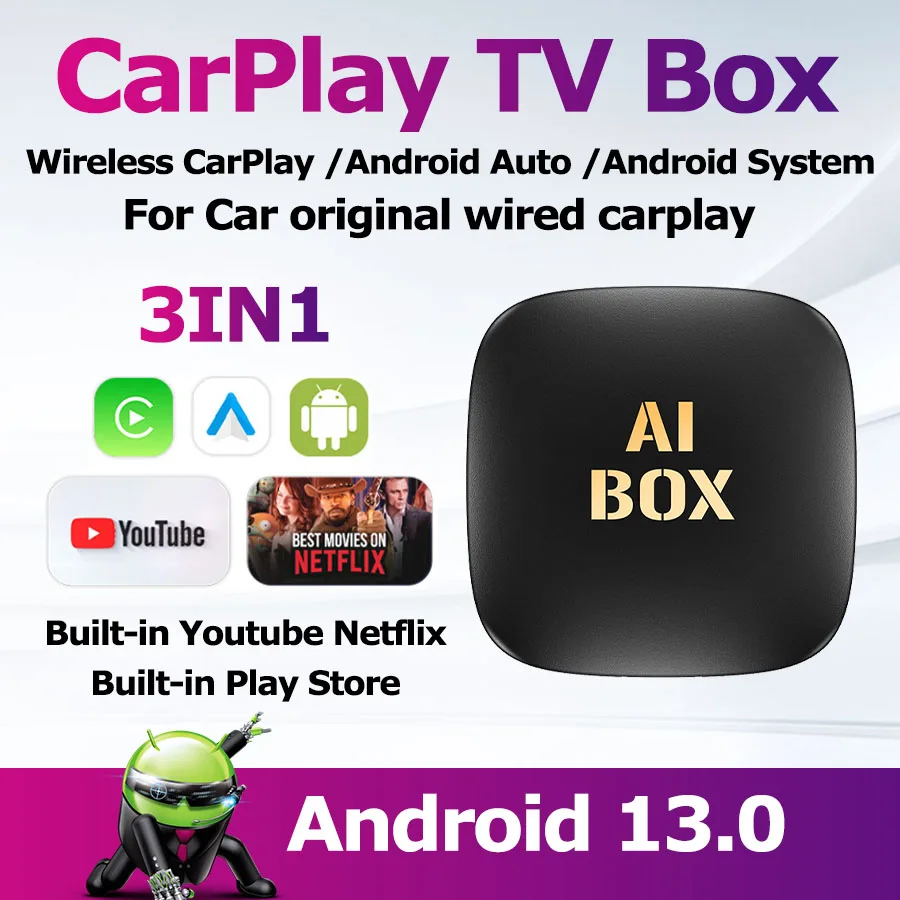 

Smart Android13 CarPlay Tv Box For Netflix YouTube Play Store Wireless Carplay Ai Box Android Auto Adapter for Wired Carplay