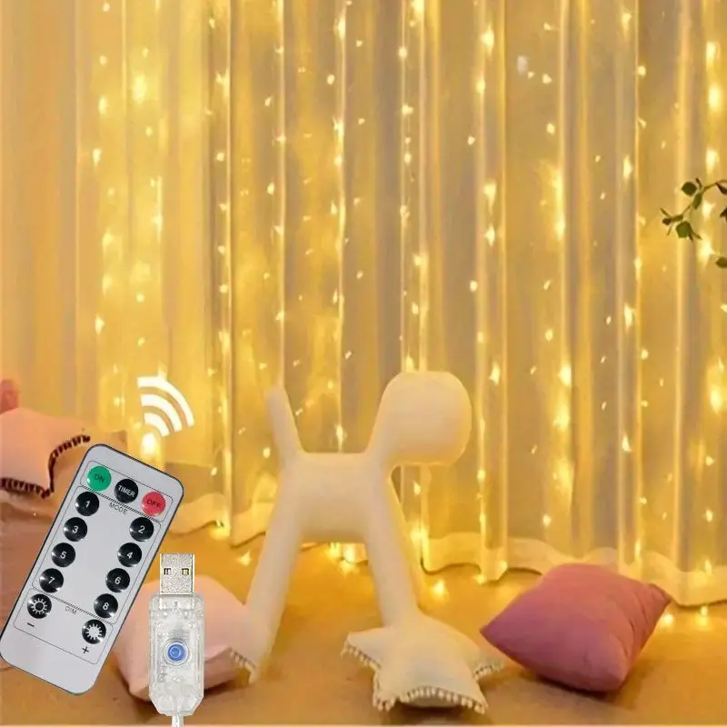 Guirnalda de luces LED navideñas con Control remoto, lámpara de cortina con USB para decoración de ventanas y dormitorio del hogar, Año Nuevo