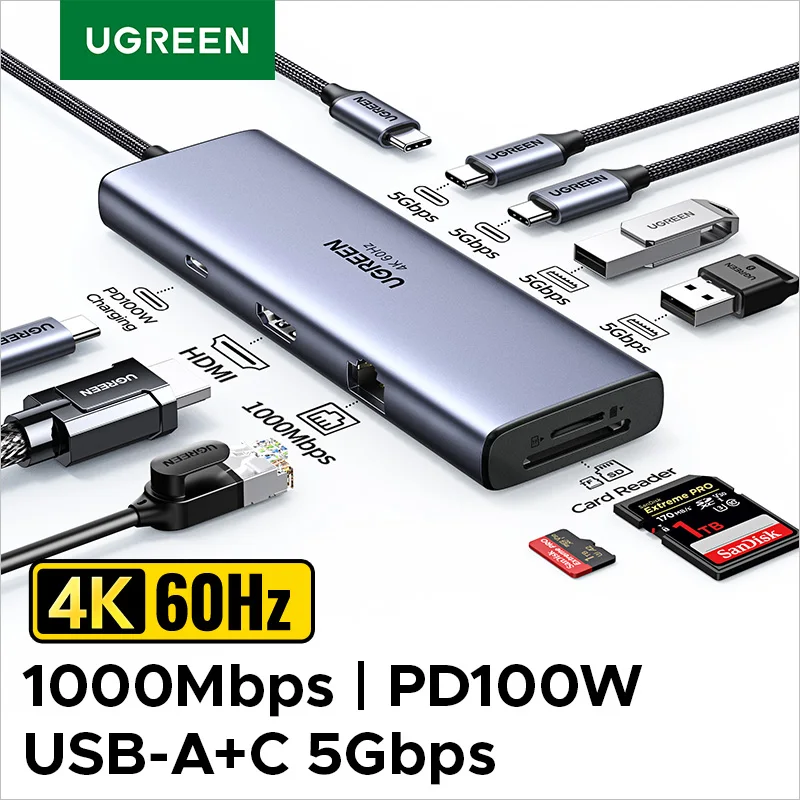 

UGREEN USB-C HUB to 4K60Hz HDMI RJ45 Gigabit PD100W SD&TF USB3.0 5Gbps Splitter for MacBook Laptop Accessories Docking Station