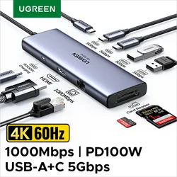 UGREEN USB-C HUB to 4K60Hz HDMI RJ45 Gigabit PD100W SD&TF USB3.0 5Gbps Splitter for MacBook Laptop Accessories Docking Station