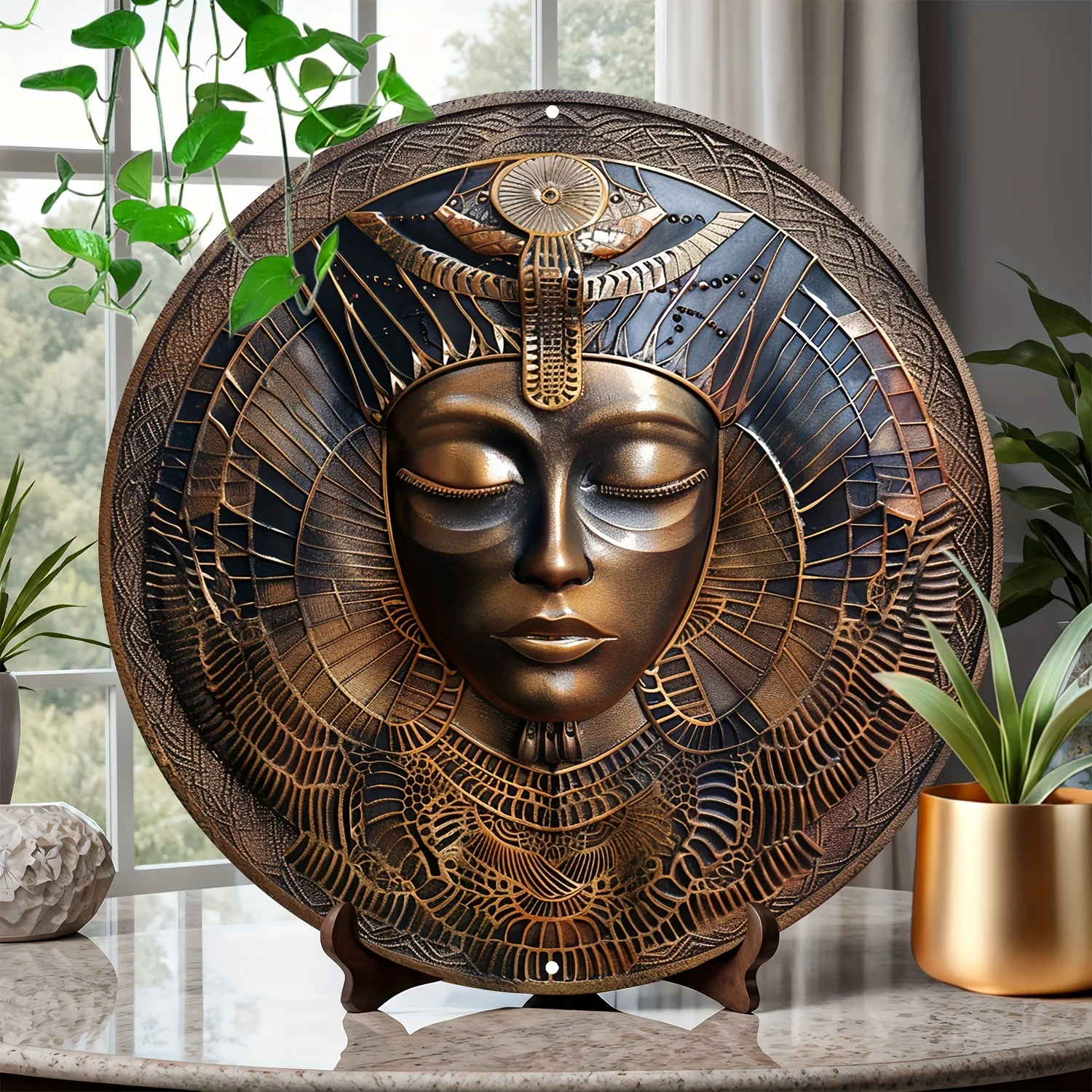 1pc African Mask Theme Circular Metal Wall Art, 8x8 Inch Aluminum Decorative Painting, Waterproof 2D Logo Garland, Home