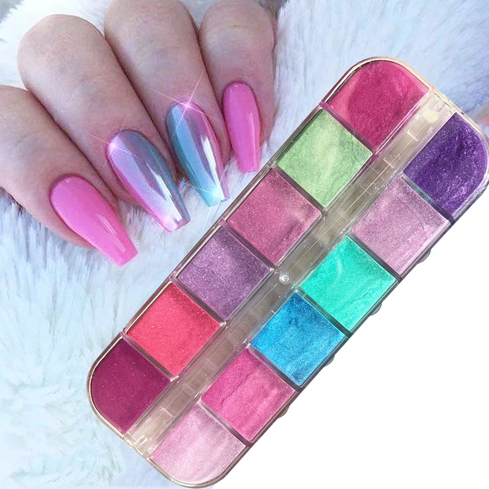 

Rainbow Chrome Shining Laser Holographic Manicure Pigment Nail Powder Pink color Nail Glitter Powder 12 in 1 box for Nail DIY