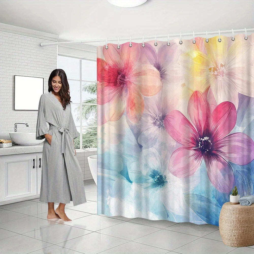 

Soft Pastel Floral Shower Curtain – Watercolor Pink & Peach Flowers, Dreamy Background, 70x70in, Polyester, Includes Hooks