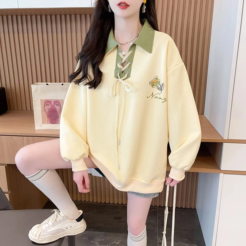 

Индивидуальные пуловеры для девочек-подростков, весна 2024, женские повседневные толстовки с мешковатым отложным воротником, универсальный дизайн, бандажная толстовка