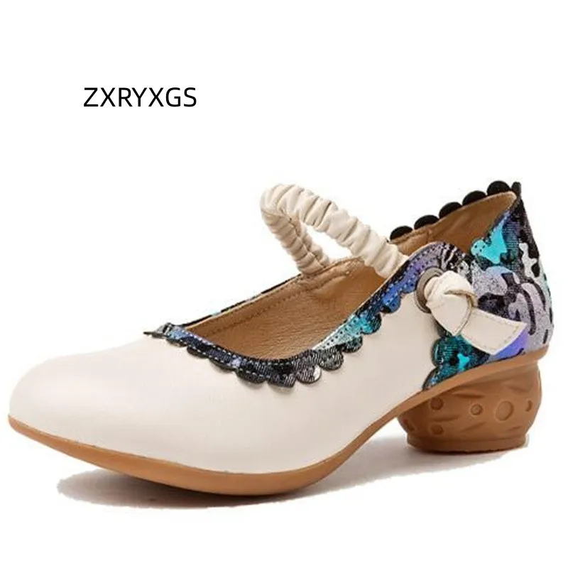 

ZXRYXGS 2023 Printing Spell Color Splicing Women Genuine Leather Shoes Comfortable Soft Sole Non-slip High Heels Fashion Shoes