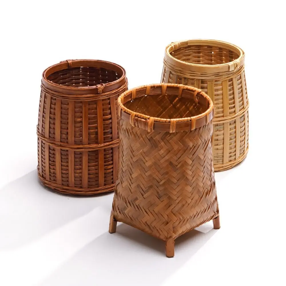 Handmade Hand-woven Bamboo Storage Basket Six Gentlemen Natural Pencil Holder Round Mouth Square Bottom