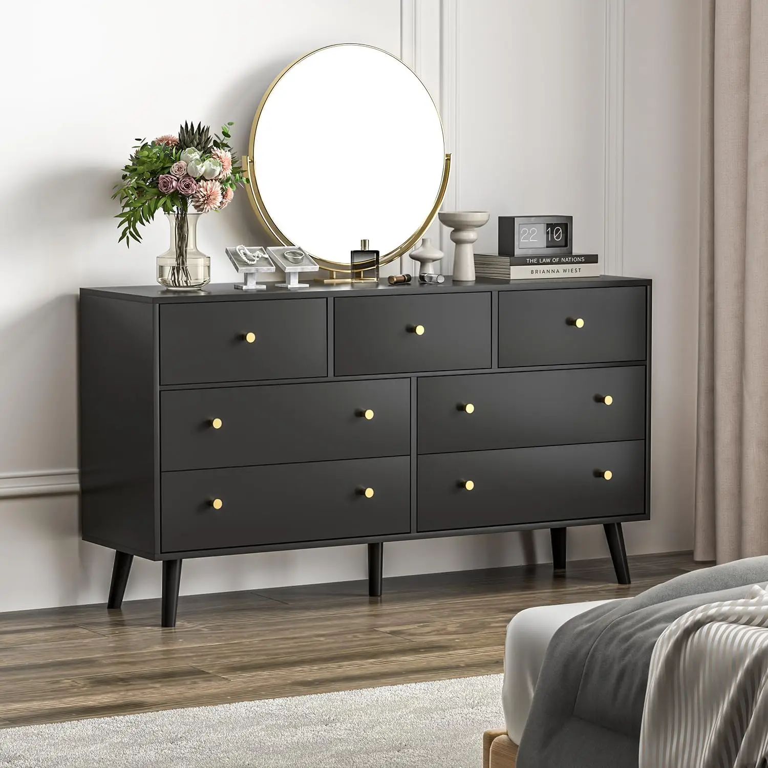 55” Black Dresser, 7 Drawer Dresser for Bedroom with Wide Drawers and Gold Knobs, Wood Dressers & Chests of Drawers