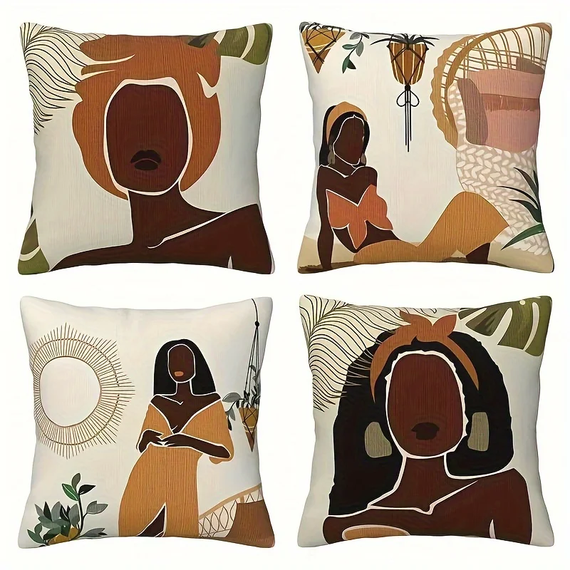 1PC 2D Flat Boho African American Women Throw Pillow Covers Mid Century Decorative Cushion Cases for Home Living Room Bedroom
