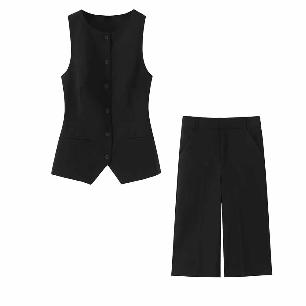 

Women's new fashion pocket decoration slim versatile single breasted vest retro sleeveless women's vest chic top+Shorts suit