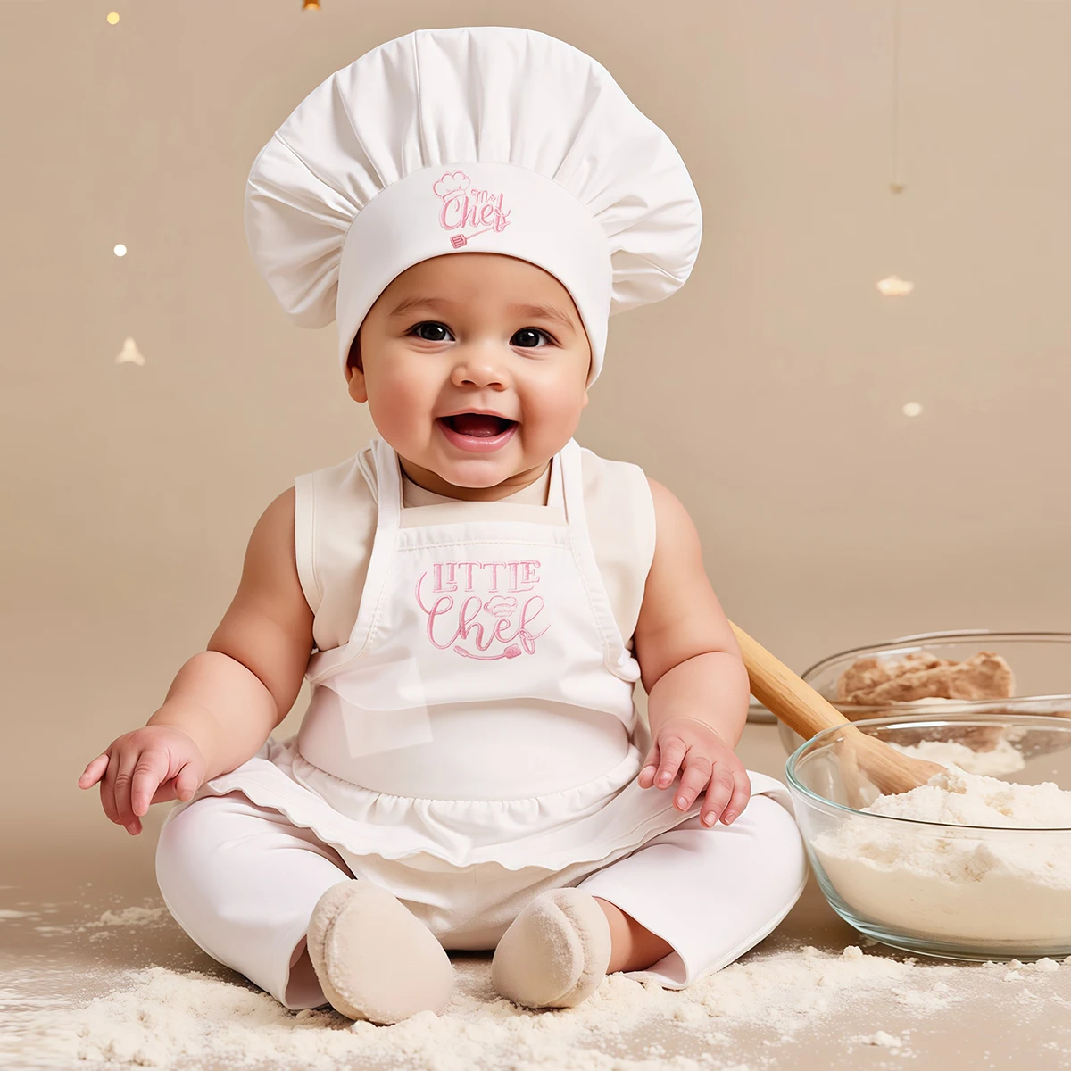 Ylsteed 2Pcs Set Newborn Girl Chef Pocket Apron for Photo Shooting Cute Little Chef Embroidery Baby Photography Outfits