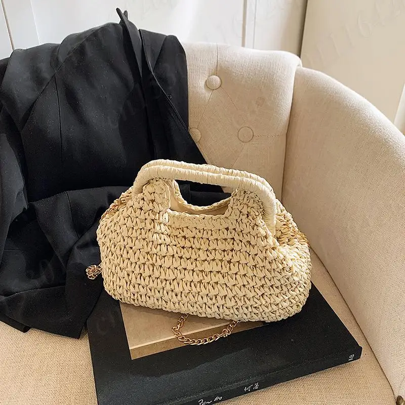 

Women Straw Crossbody Bags Woven Beach Cloud Shoulder Bag Seaside Weave Shell Chain Handbags Casual Knit Pleated Clutch Purse