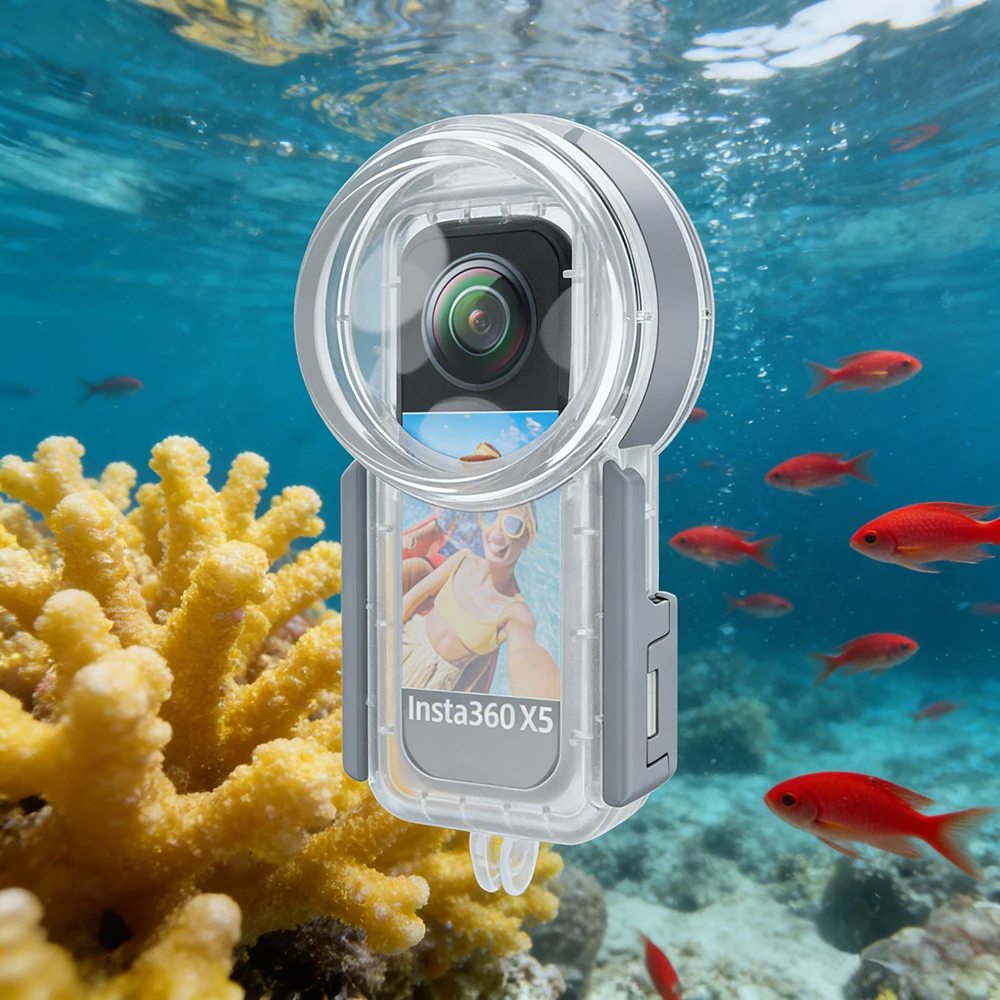 

Водонепроницаемый чехол Seafrogs для экшн-камеры Insta360 X5 с глубиной погружения до 30 м и поддержкой HD-съемки, совместимый с селфи-палками