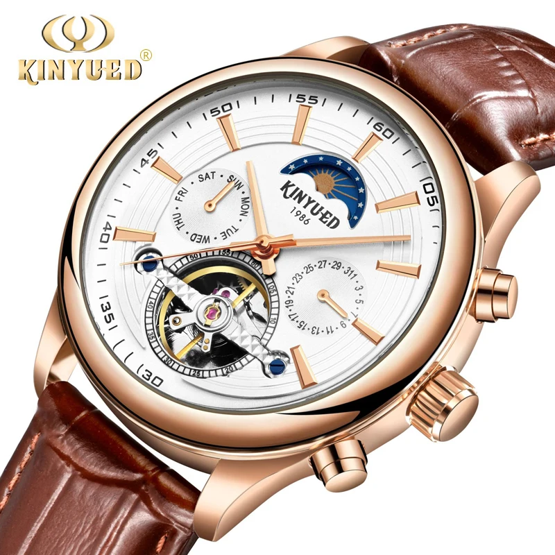 KINYUED Orologio meccanico di moda di marca per uomo Multifunzionale fasi lunari Settimana Data Tourbillon automatico di lusso Orologi da uomo