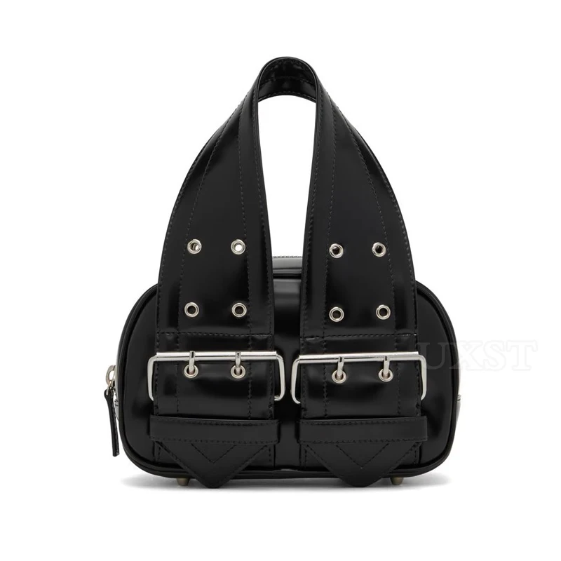 UXST Fashion Versatile Dark Black Wide Shoulder Strap Handbag Belt Buckle Design Retro Small Totes Leather Rivet Crossbody Bag